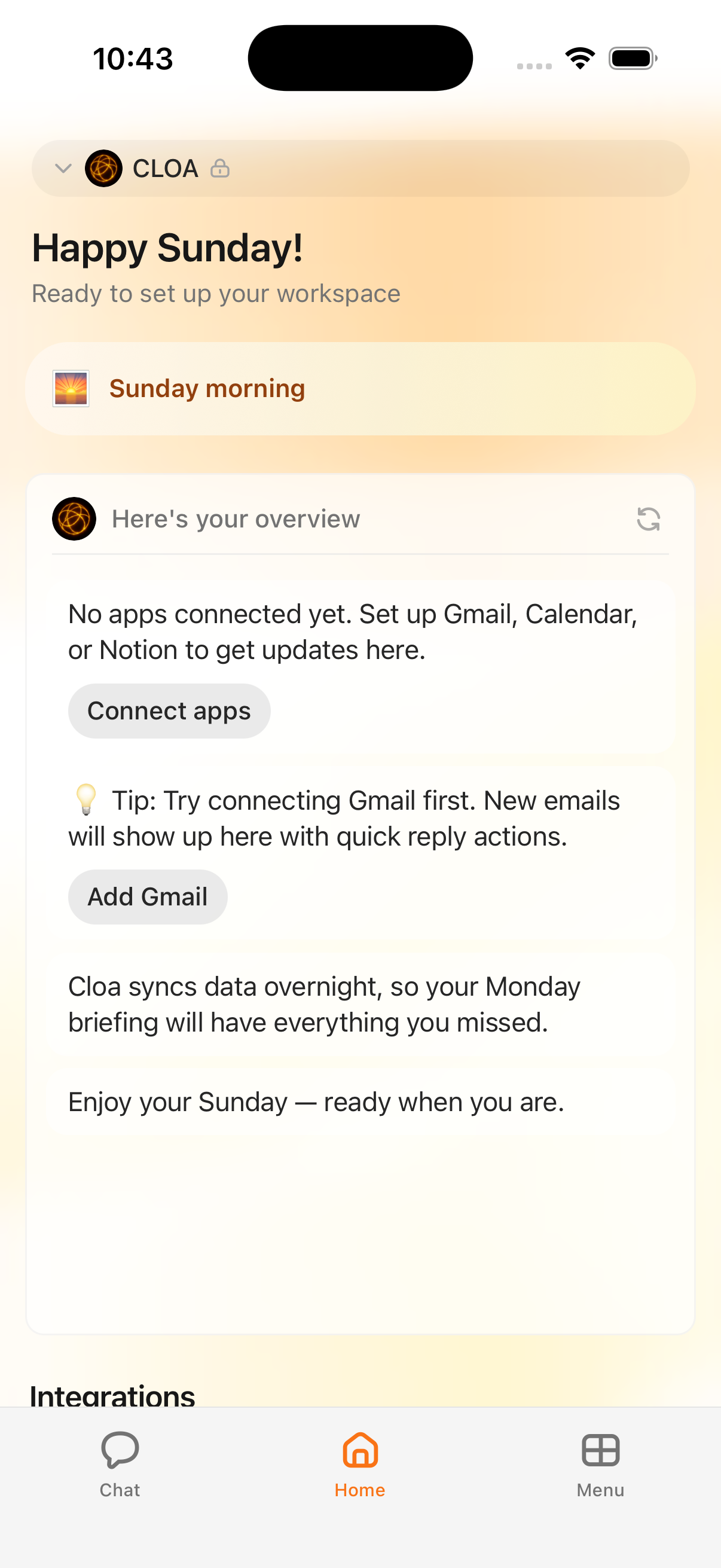 Home tab showing a greeting, overview card, and integration status