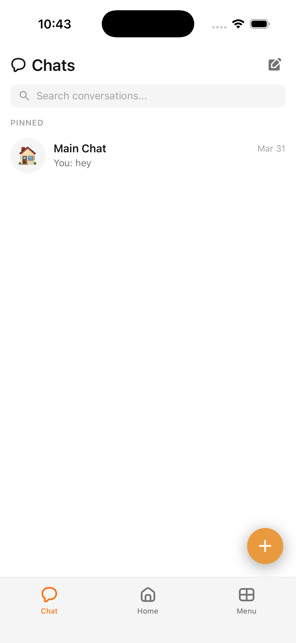 Chat tab showing pinned Main Chat thread and thread list