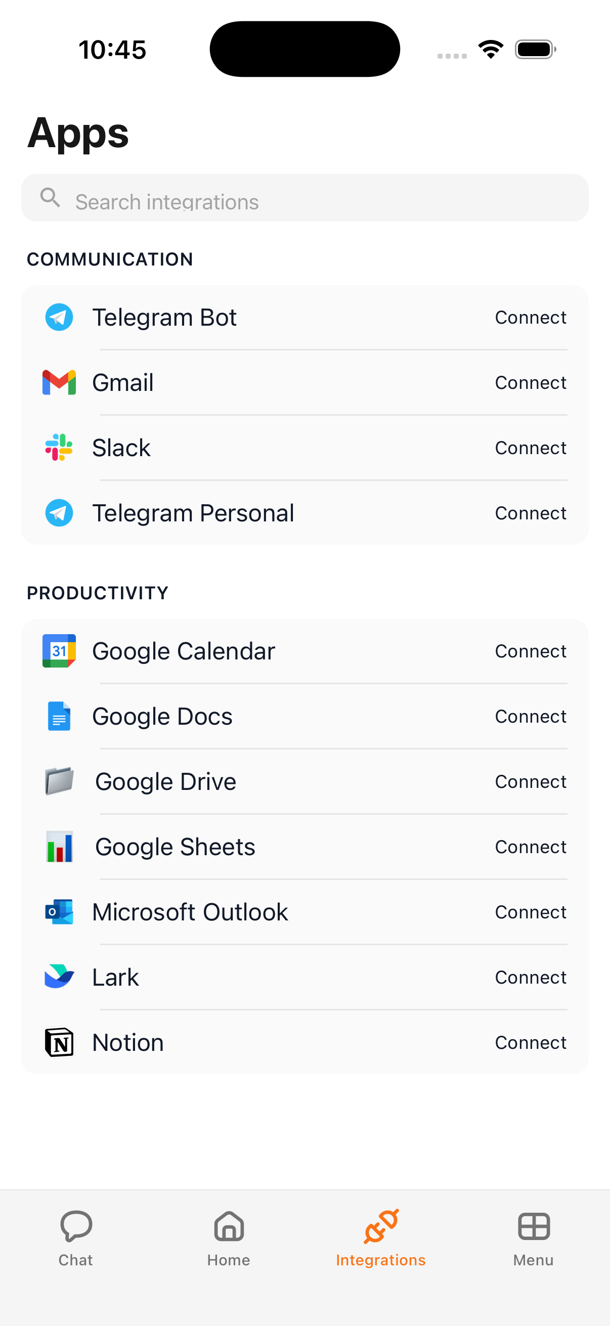 Integration permission settings screen