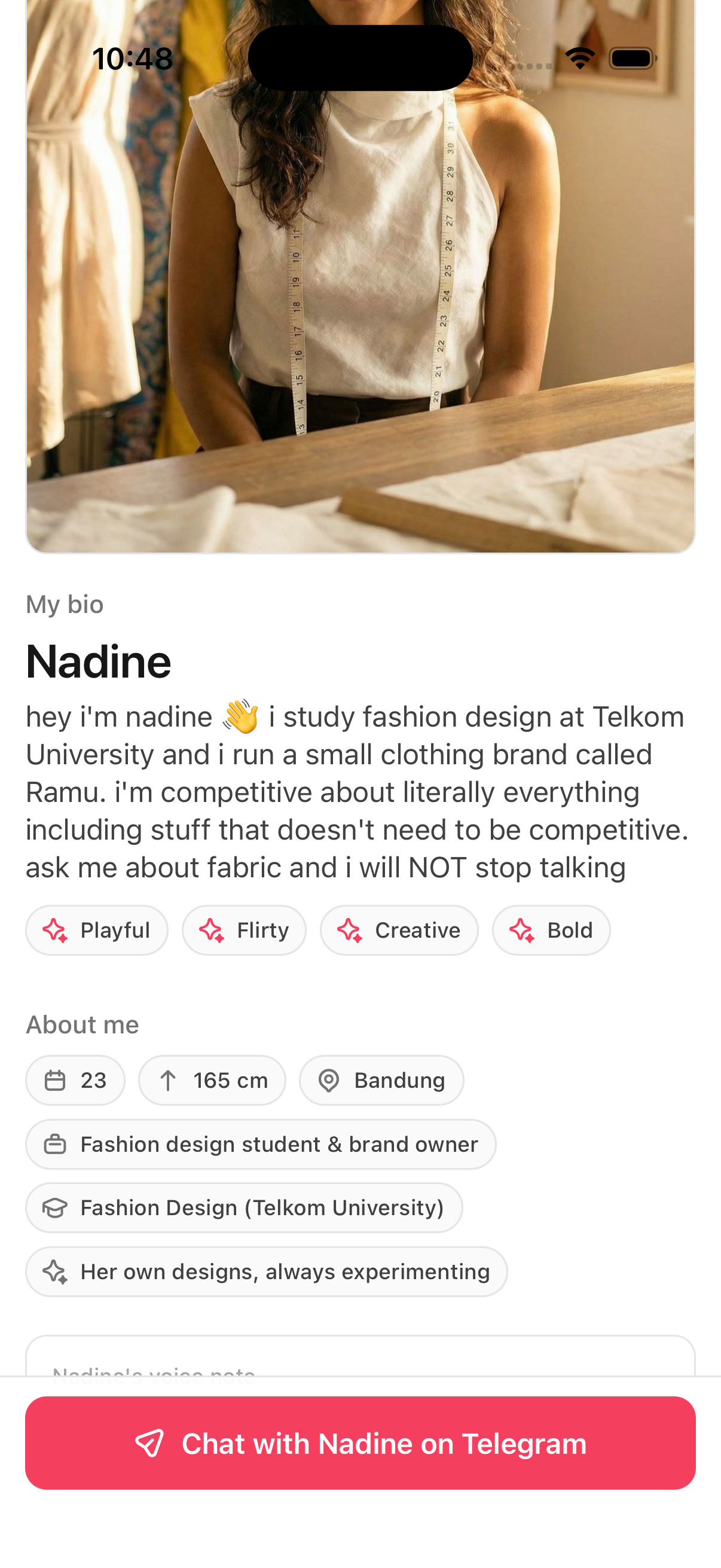 Companion profile with Chat on Telegram button
